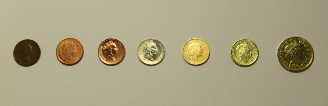 A set of coins at various stages